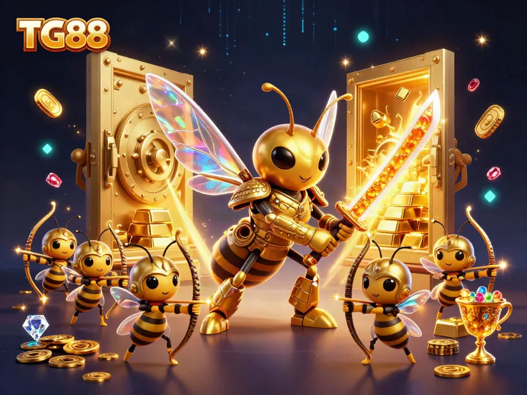 Experience thrilling gameplay with TG88 while engaging in exciting casino adventures featuring a golden hornet warrior.