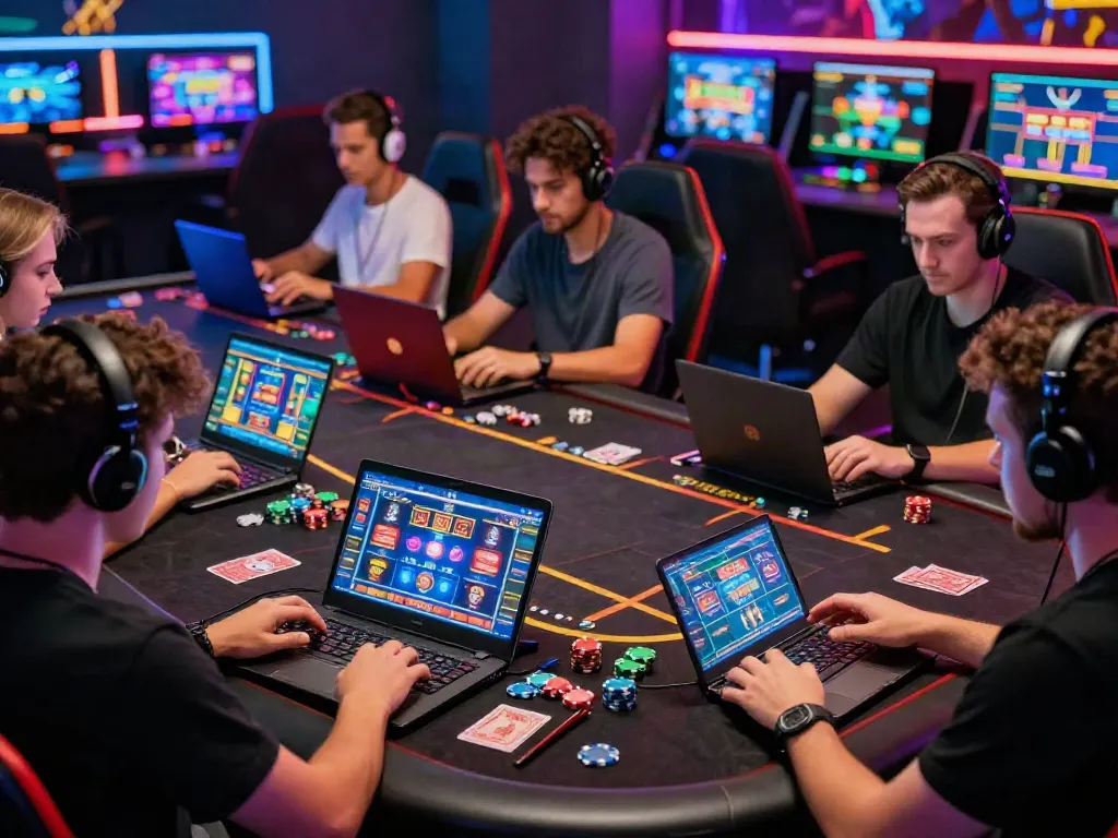 Engaged players at https://hitclub3.io/ enjoying various online games in a vibrant casino atmosphere.