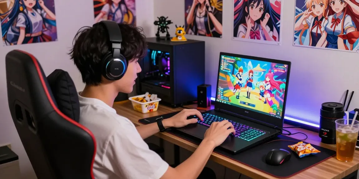 Engaged gamer playing a hentaigame on a vibrant gaming laptop.