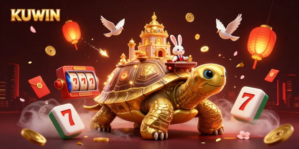 Kuwin's golden tortoise casino scene depicts thrilling slot games, illuminated by vibrant lanterns and surrounded by lucky symbols.