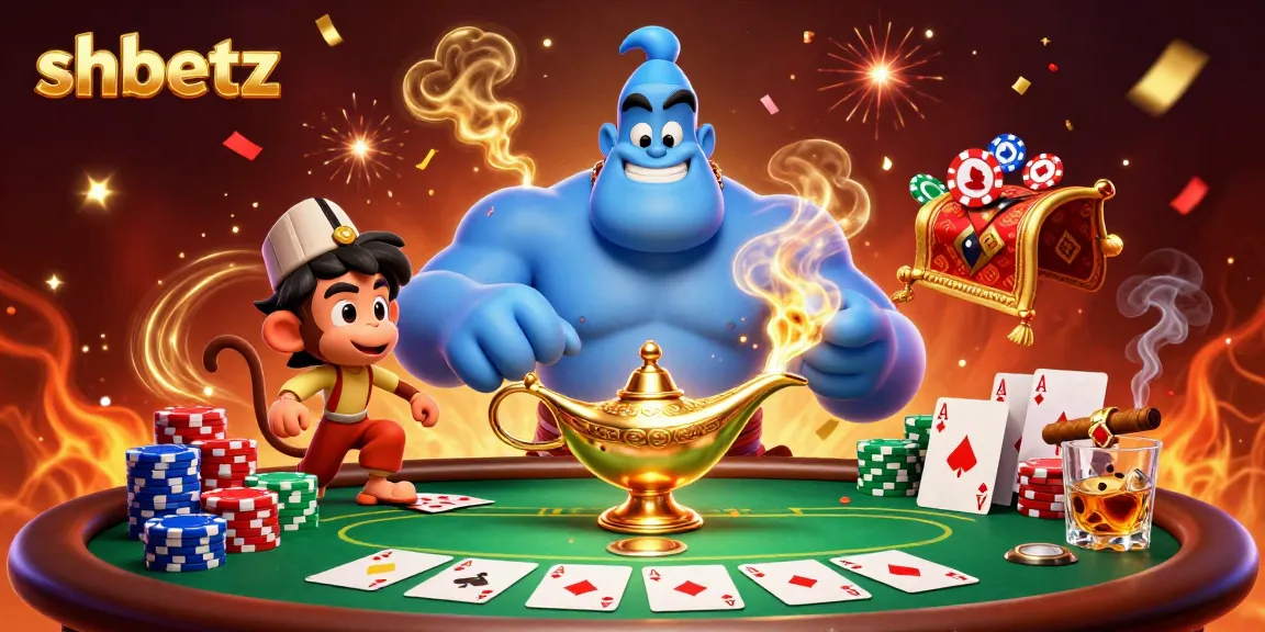 Join the exciting world of shbetz with a vibrant 3D casino illustration featuring a genie, poker elements, and magical energy.