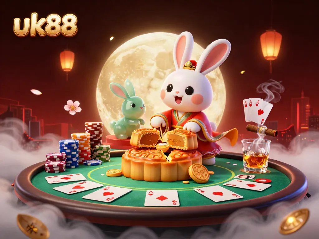 Experience winning strategies with uk88 in this vibrant casino scene featuring the moon rabbit and poker elements.