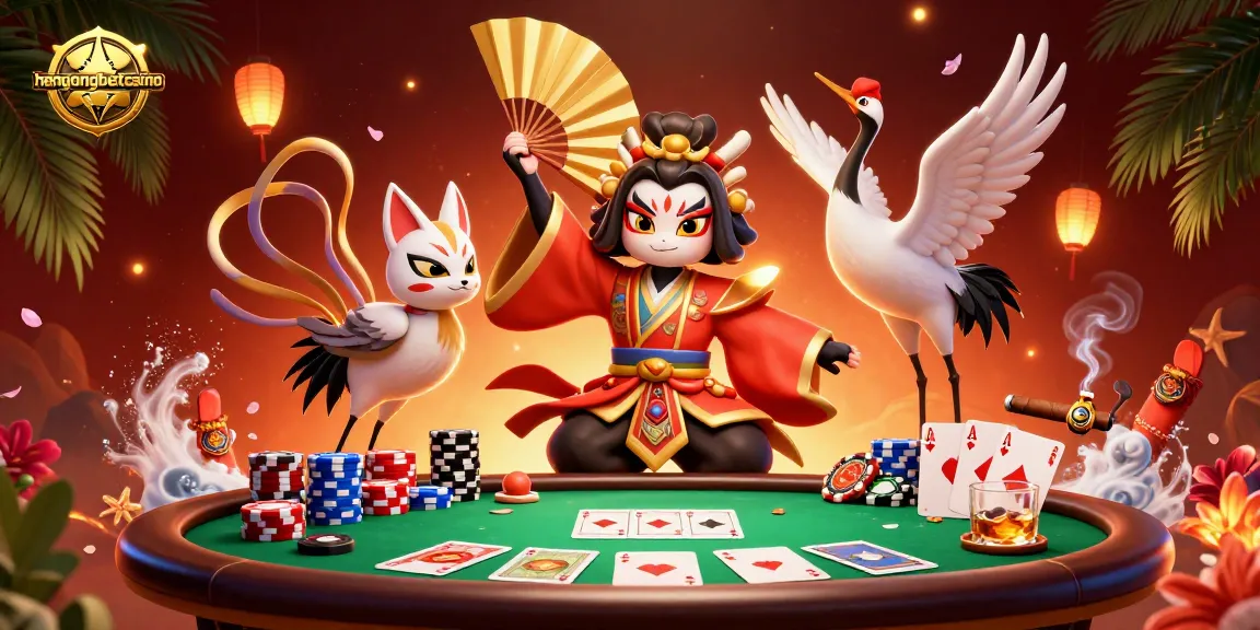 Engage with hengongbetcasino's dynamic 3D illustration featuring kabuki warrior and poker elements.