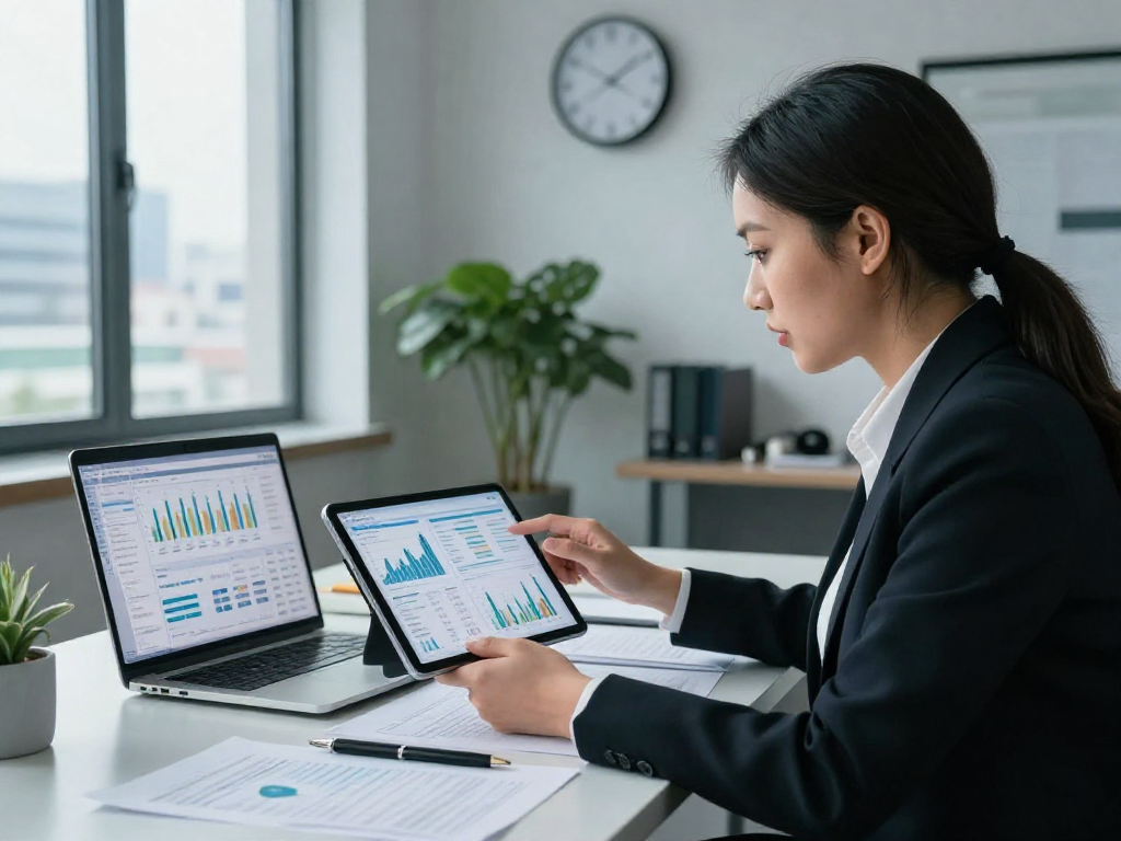 Professional setting showcasing trang chủ debet financial dashboards and analysis in a modern office environment.
