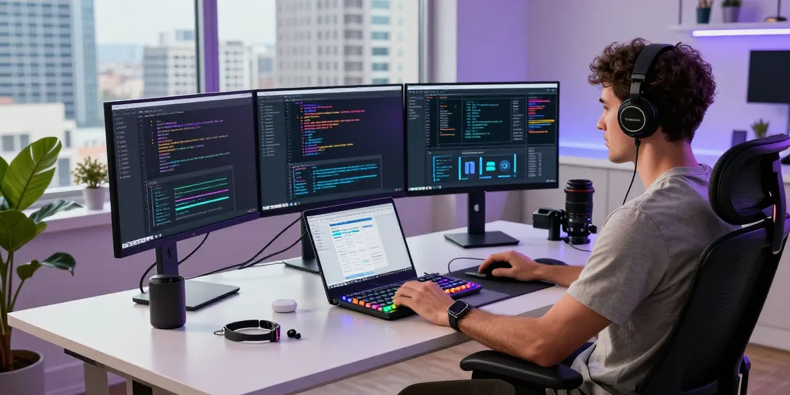 Developer at a dynamic workspace showcasing code and app designs, highlighting features of teiegramin.com.