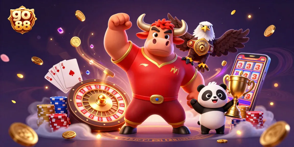 Engage with go 88’s thrilling atmosphere featuring a bull mascot and hand of cards in 3D casino illustration.