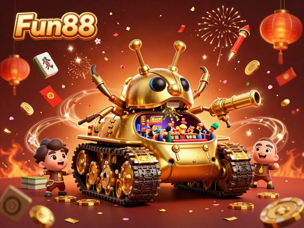 Fun88 delivers excitement with a vibrant 3D casino scene featuring a golden beetle tank and joyful celebrations.