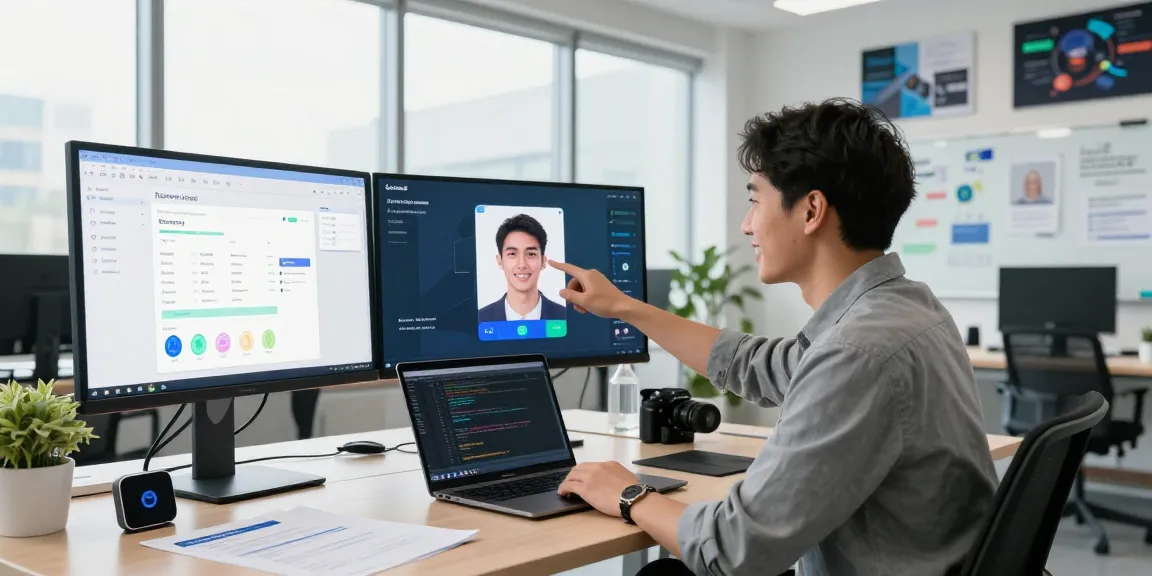 Demonstrating age verification system technology in a modern office with compliance dashboards and facial estimation.