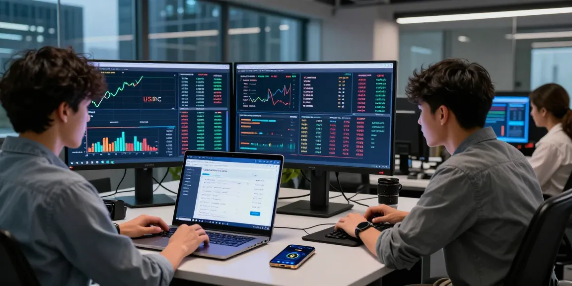 LibertySwap Finance trading room with professionals analyzing blockchain data and swaps.