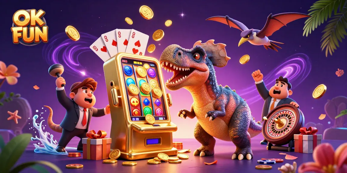 Experience the thrill of OK FUN as a pachycephalosaurus wins jackpot coins from a golden slot machine.