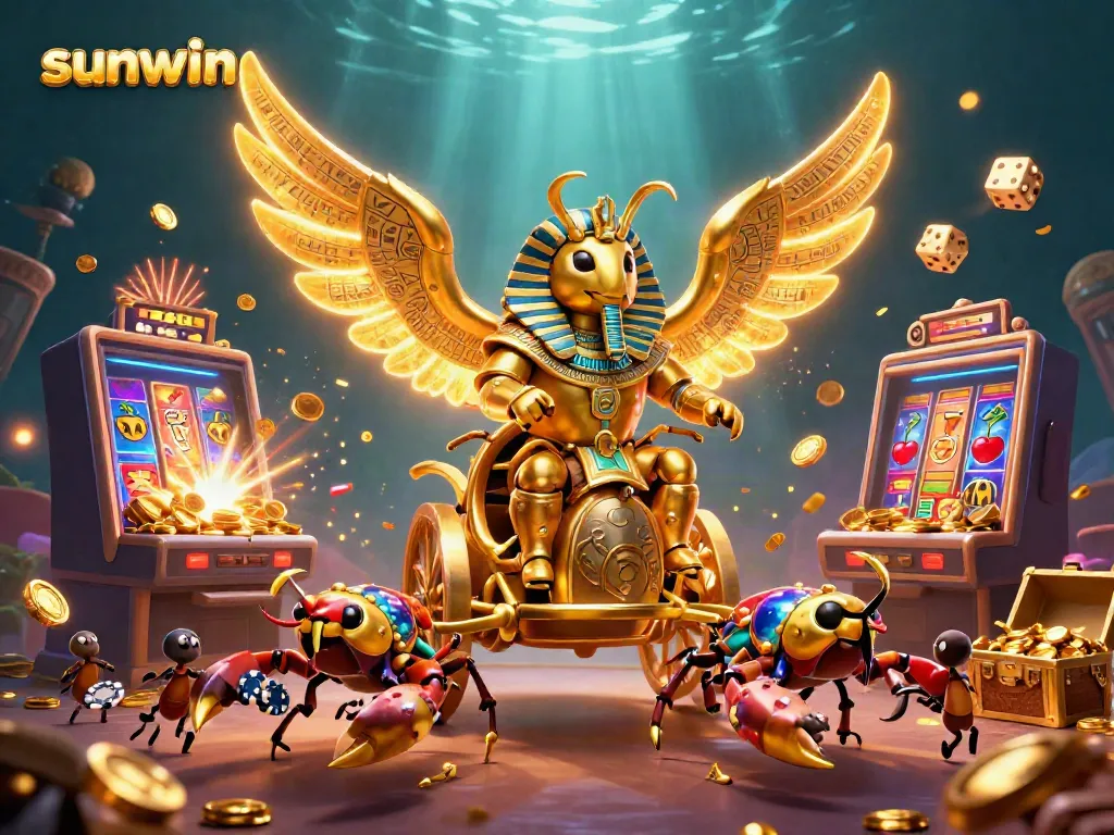 Experience thrilling gaming with sunwin as a golden scarab and scorpions surround a jackpot explosion.