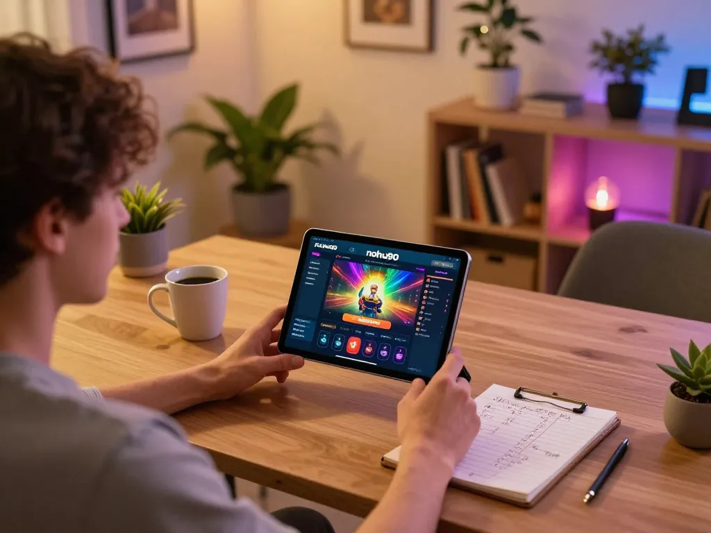 Nohu90 player engaged in strategic betting using tablet in cozy home setting