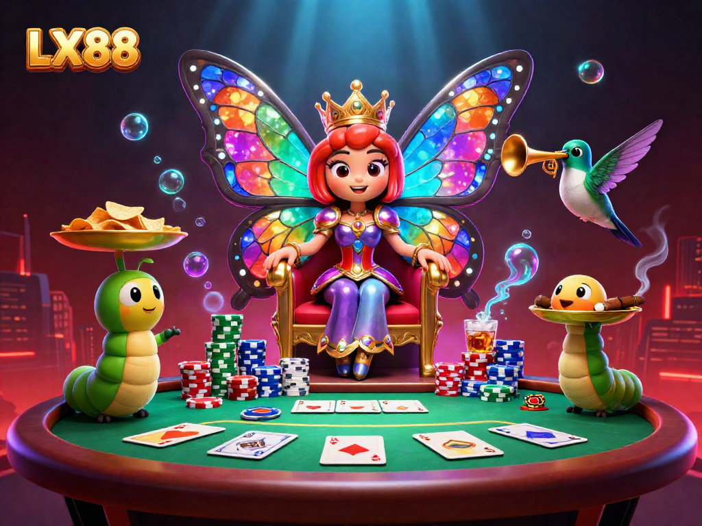 Betting enthusiast celebrates with LX88 in a vivid casino scene featuring poker elements.