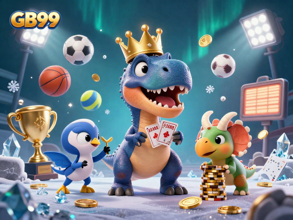 Bet on exciting games at GB99 with a vibrant 3D scene showcasing a T-Rex and friends immersed in casino excitement.