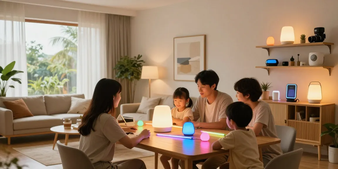 Aplica LED modernă, iluminând un interior de living, familie admirând produsele