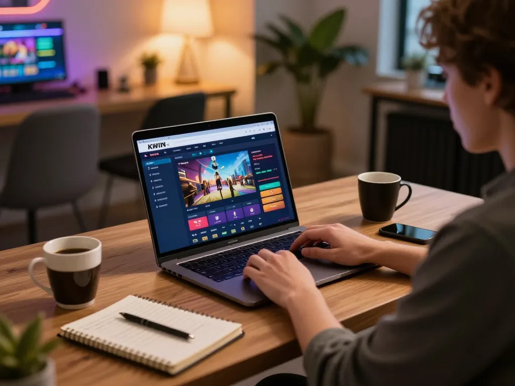 Kwin online gaming scene with player engaged at desk, laptop displaying gambling interface and strategy notes.
