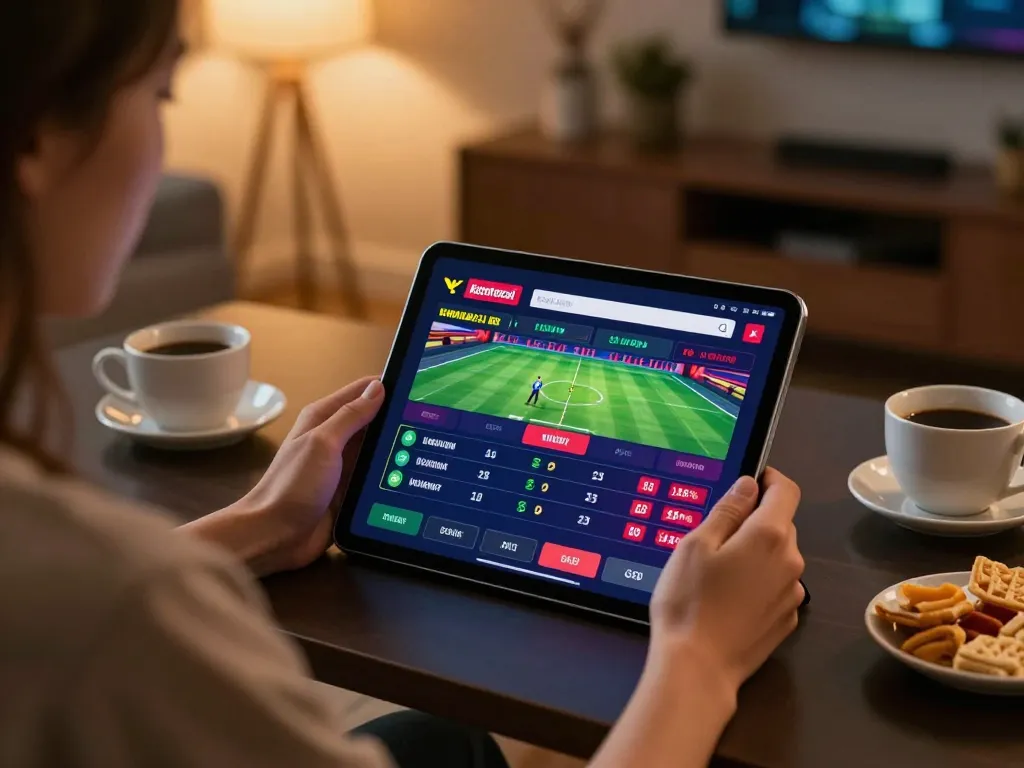 Engaging in sports betting on the keonhacaii tablet in a cozy home setting.