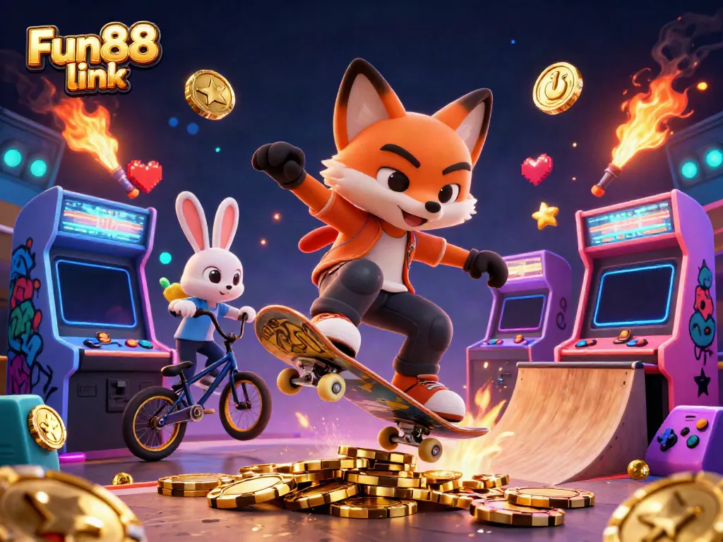 Experience the Fun88 link with vibrant casino-themed 3D illustration featuring a fox and rabbit in action.