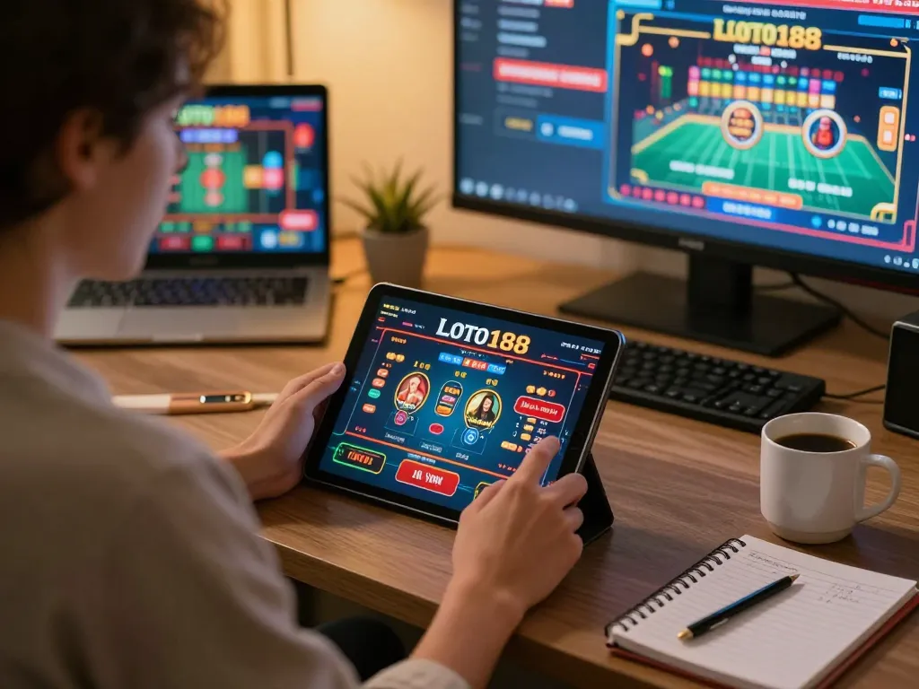 Engaging online gameplay at LOTO188, showcasing a player using a tablet for live casino games.