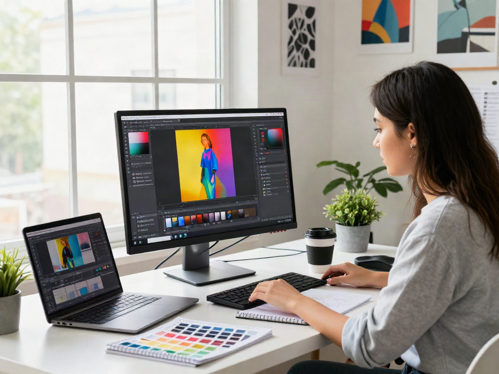 Designer enhancing images using an AI photo editor in a vibrant creative workspace.