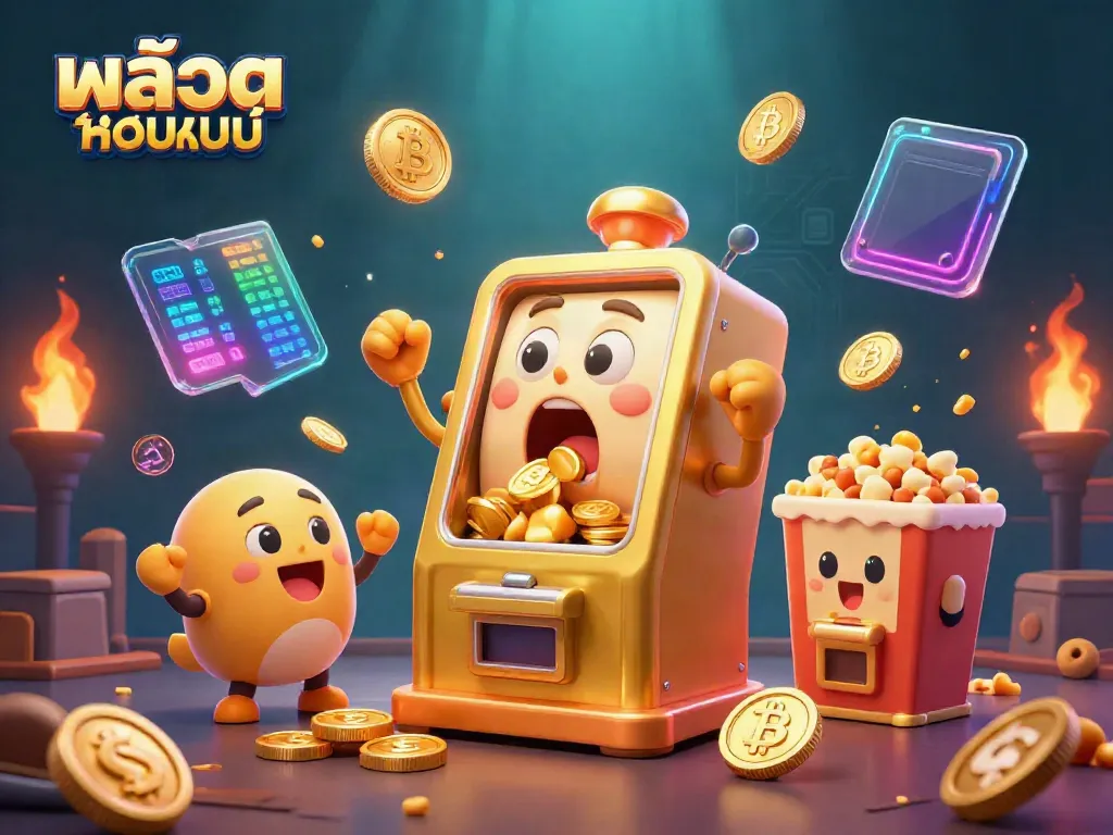 Catch the excitement of สล็อตออนไลน์ as golden slot machines hit the jackpot, surrounded by crypto elements.