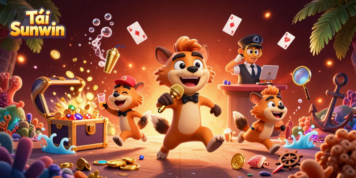 Tải Sunwin: Enjoy a vibrant comedy casino scene with hyenas mixing drinks and entertaining
