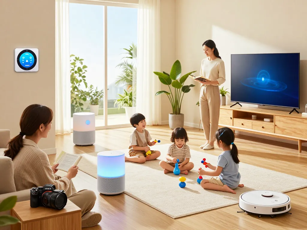 Engaging family using tech gadgets for home, showcasing smart speaker, connected toys, and robotic vacuum in a bright living room.