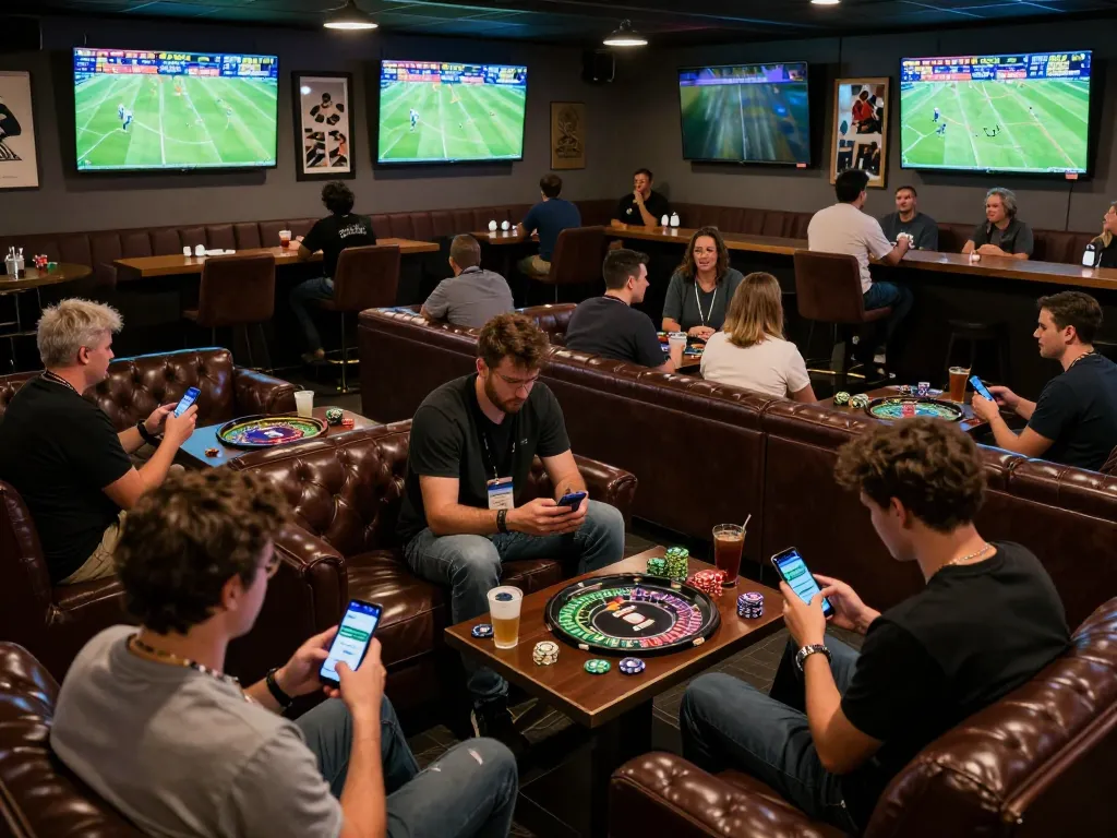 Excited patrons placing bets on live games using 7m-7m platforms in a stylish sports lounge