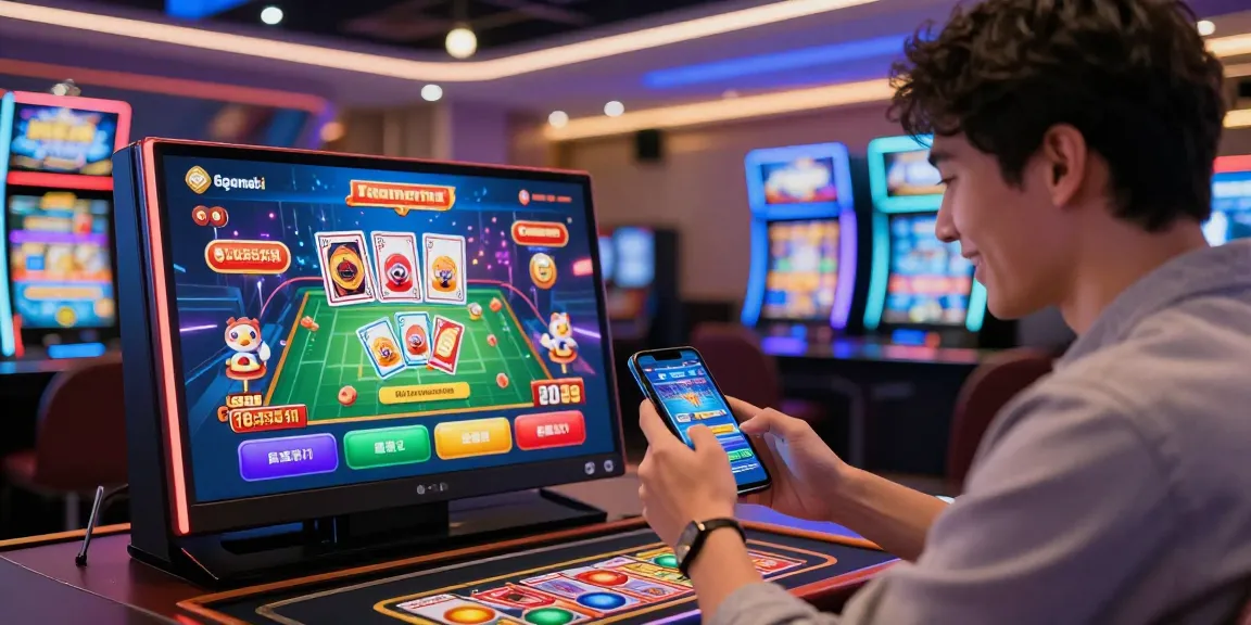 Player accessing 68gamebai on smartphone amidst vibrant online casino graphics showcasing engaging card games.