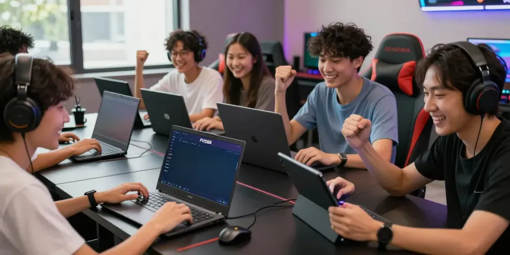Online gaming community enjoying FIVE88 platform on laptops and tablets.