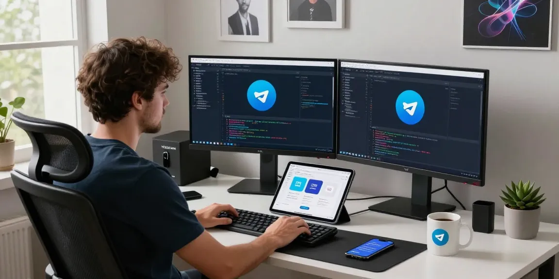 Web developer using the Telegram Web Version in a modern workspace, showcasing an engaged coding environment with tech items.
