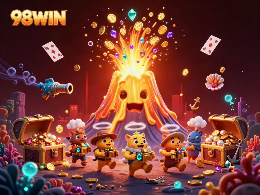 Experience the thrill of 98WIN casino with a triumphant golden volcano and treasure-filled adventure.