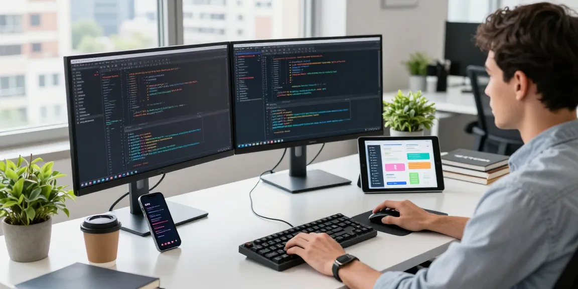 Developer analyzing telegraimin.com on multiple monitors in a modern tech workspace.