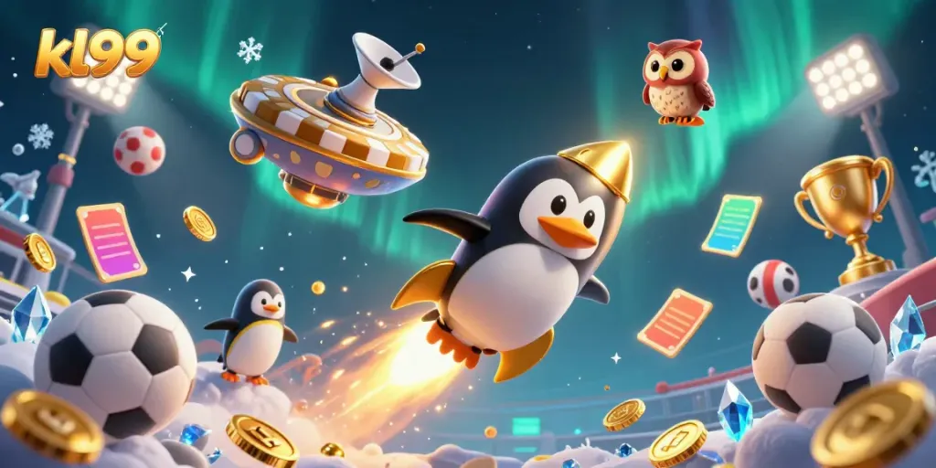 Experience thrilling slots at kl99 with a dynamic cartoon penguin and casino elements!