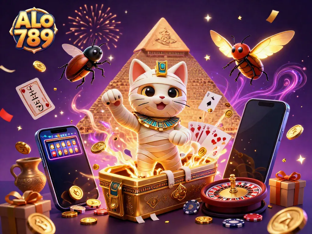 Experience the excitement of ALo 789 with a dynamic scene showcasing an Egyptian mummy cat in a pyramid casino, surrounded by casino elements.