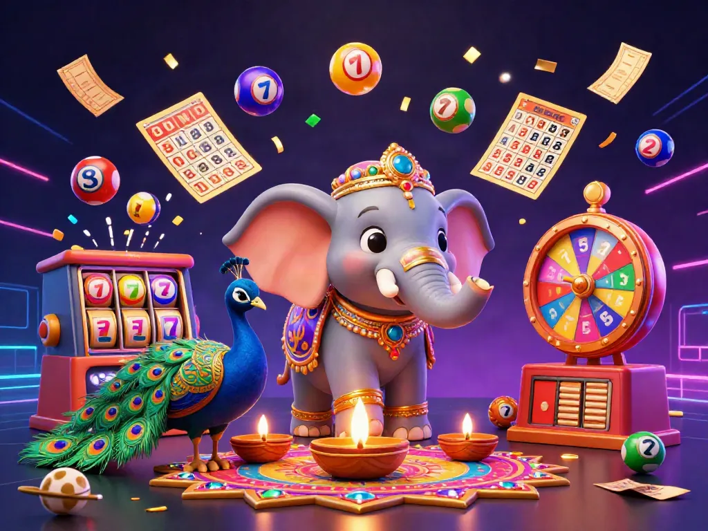 Experience excitement at an online casino with vibrant elements including lottery balls and a festive elephant.