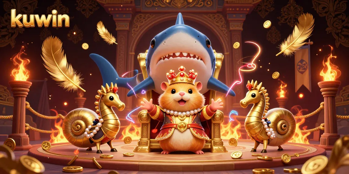 Kuwin's thrilling gaming arena features a golden hamster king with vibrant treasures, appealing to gamblers.