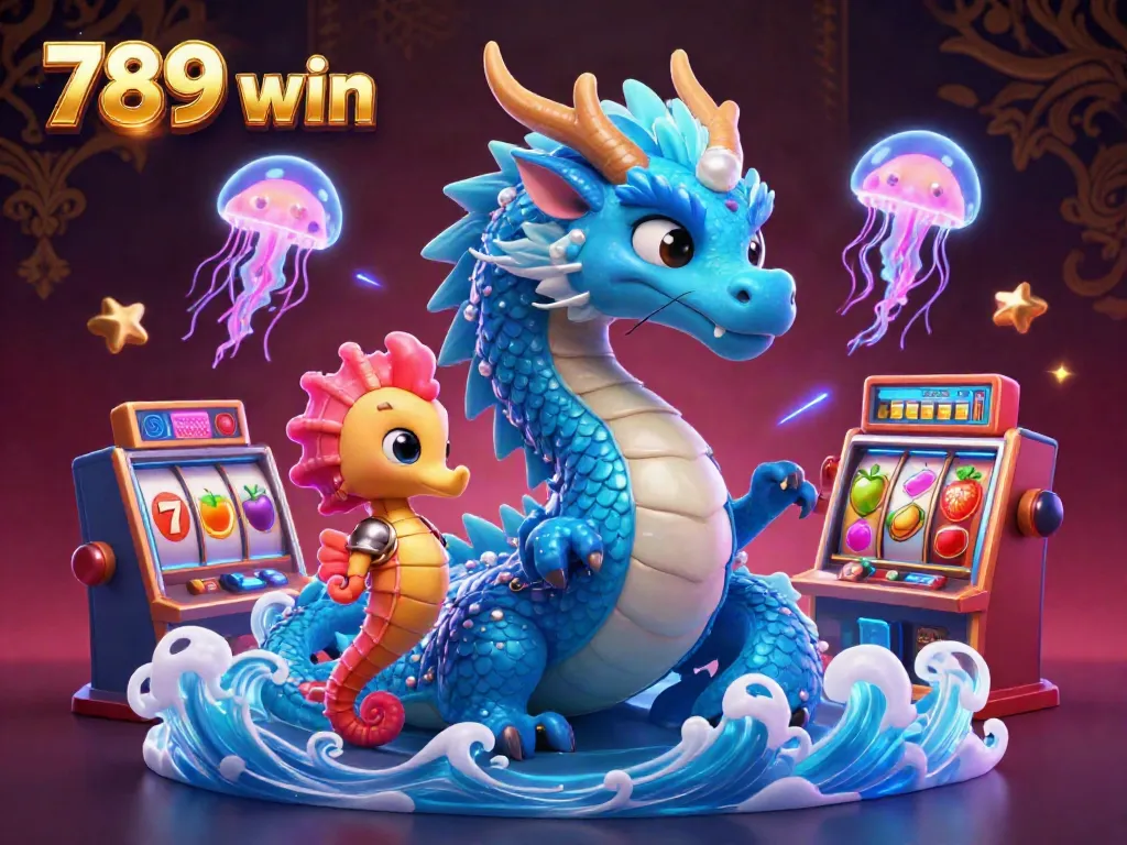 Experience the excitement of 789 win with this vibrant illustration featuring a water dragon and gaming elements.