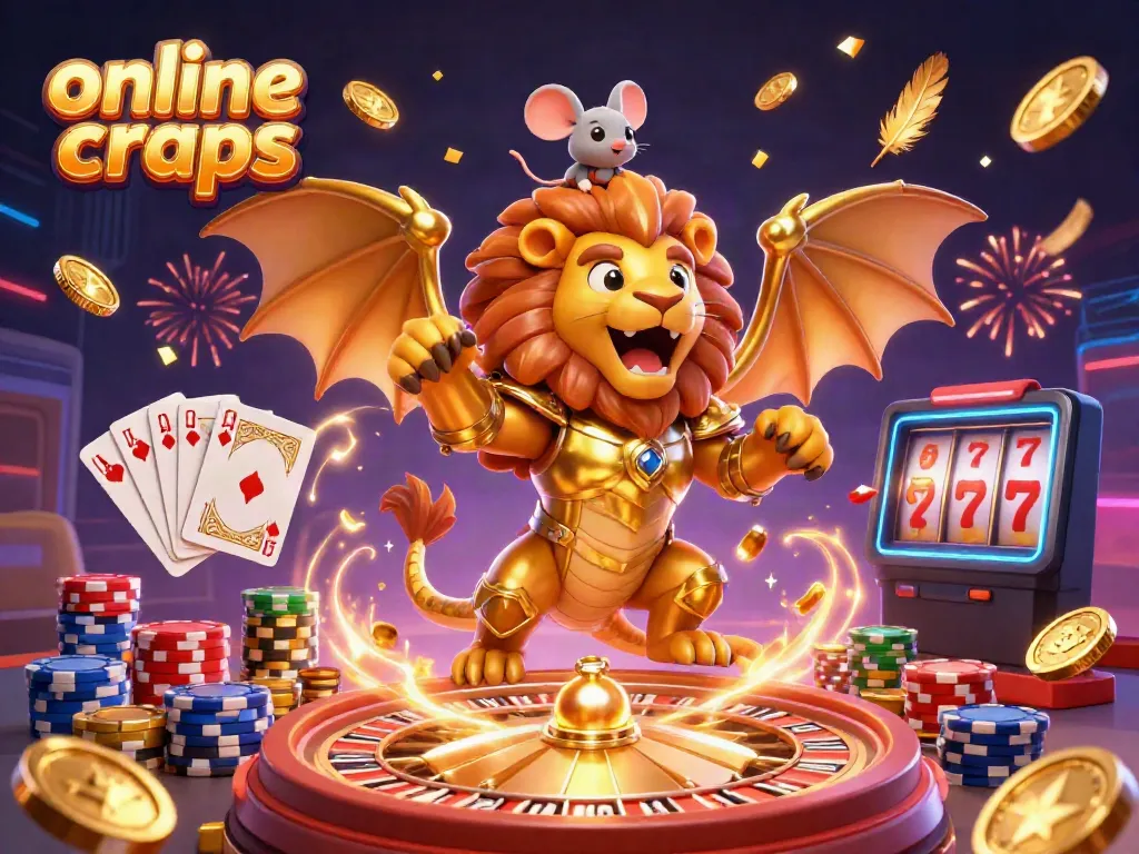 Experience the excitement of online craps with a dynamic scene featuring a chimera roaring, amidst golden coins and a spinning roulette.