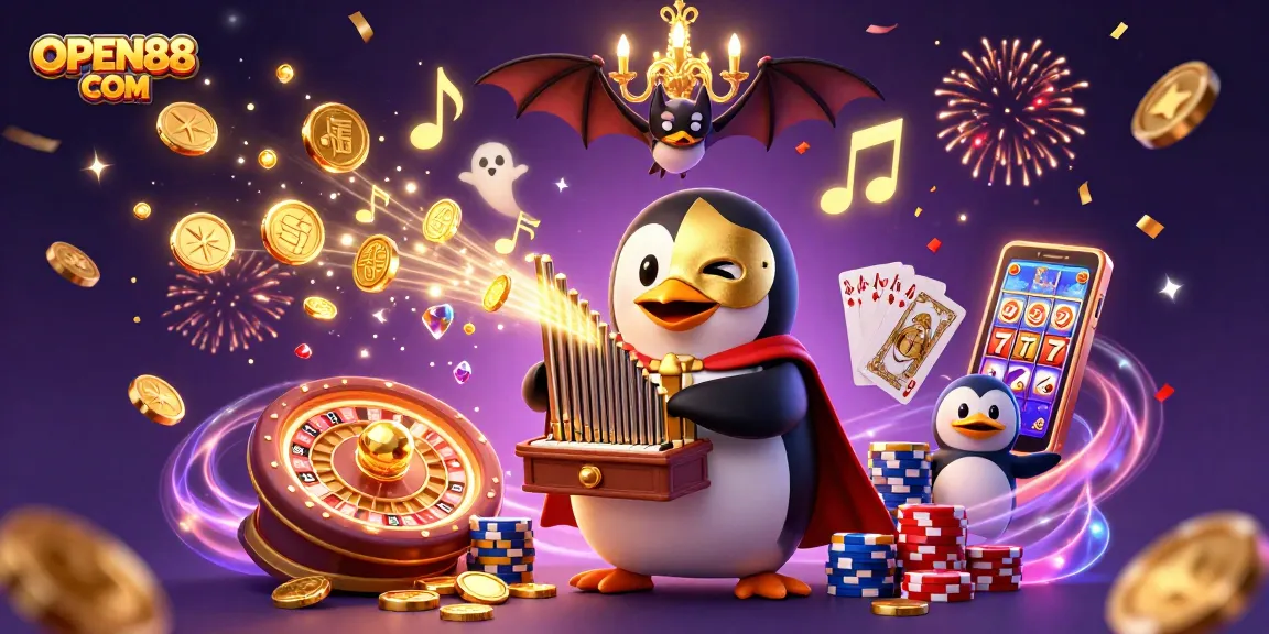 Experience lavish winnings with the OPEN88 COM casino scene featuring lively characters and gold coins.