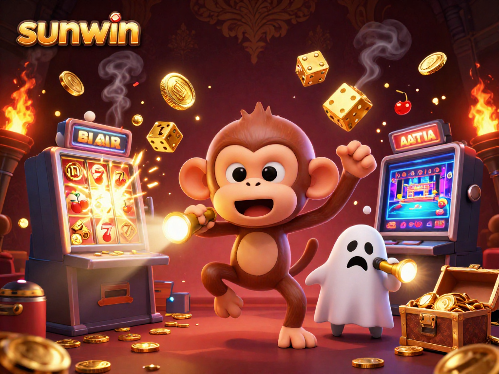 Sunwin showcases a thrilling casino scene with a playful poltergeist monkey, captivating slots, and gold explosions.