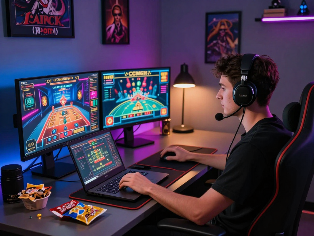 Giocatore appassionato nei migliori casinò online non AAMS, immerso in un ambiente di gioco notturno con luci LED e grafica colorata.