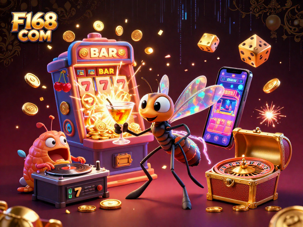 Experience thrilling gameplay at F168 COM with a vibrant 3D casino scene featuring dynamic characters and gaming elements.