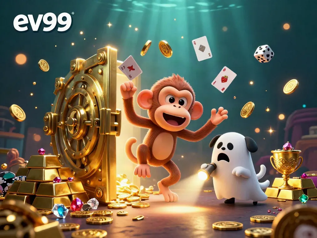 Experience the ev99 adventure with golden treasures as mischievous characters interact in a thrilling casino atmosphere.
