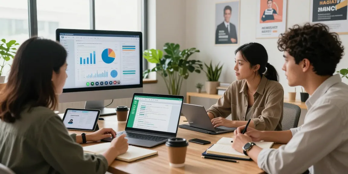 Collaborative workspace with professionals using WhatsApp網頁版 for team communication in a bright office setting.