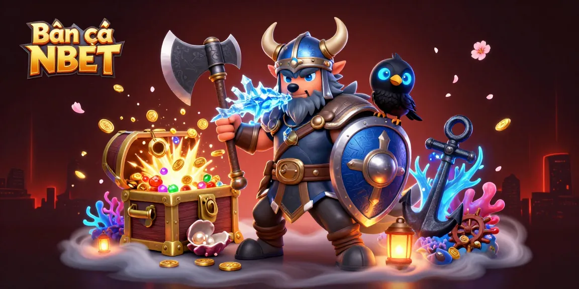 Bắn cá NBET game scene featuring a Viking wolf warrior, fierce dragon, and glowing treasures.