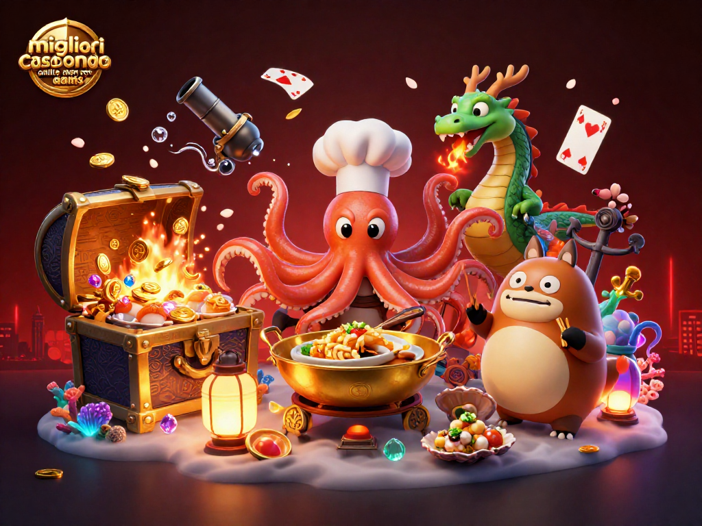 Migliori casinò online non AAMS: immergiti nell'emozione di una scena vivace con un polpo chef e creature magiche.