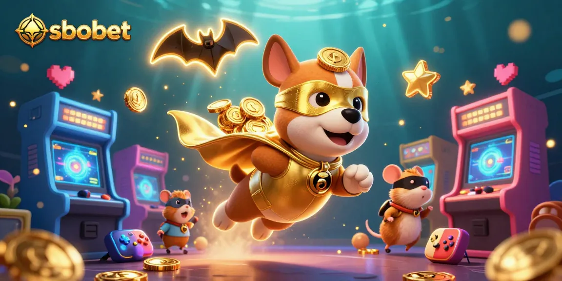 SBOBET inspired superhero dog flying with gold coins, surrounded by vibrant casino game elements
