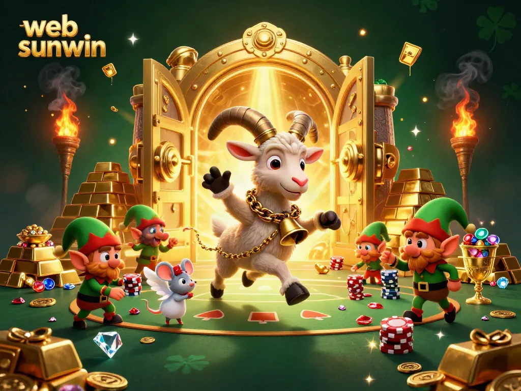 Experience holiday excitement at web sunwin's casino with animated characters amidst golden treasures.
