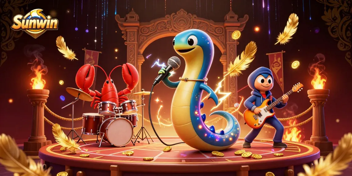 Sunwin electric eel DJ performing at an underwater casino, surrounded by vibrant gaming elements.